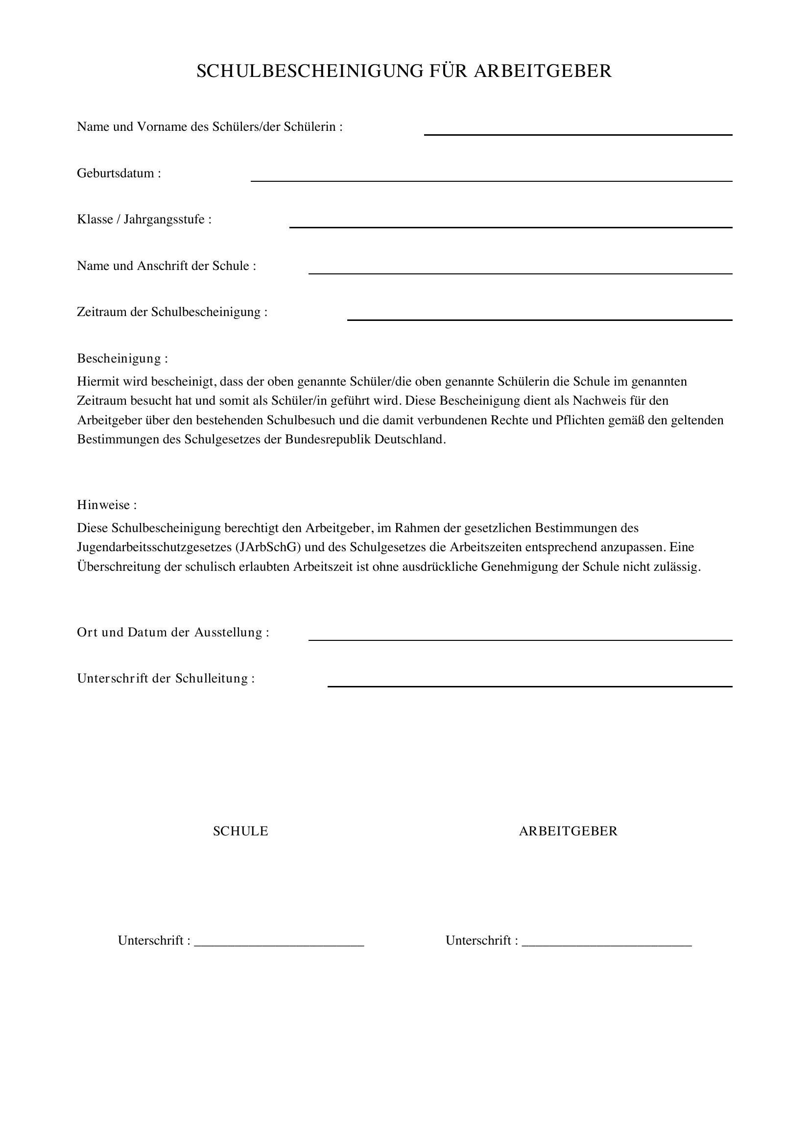 Schulbescheinigung Für Arbeitgeber