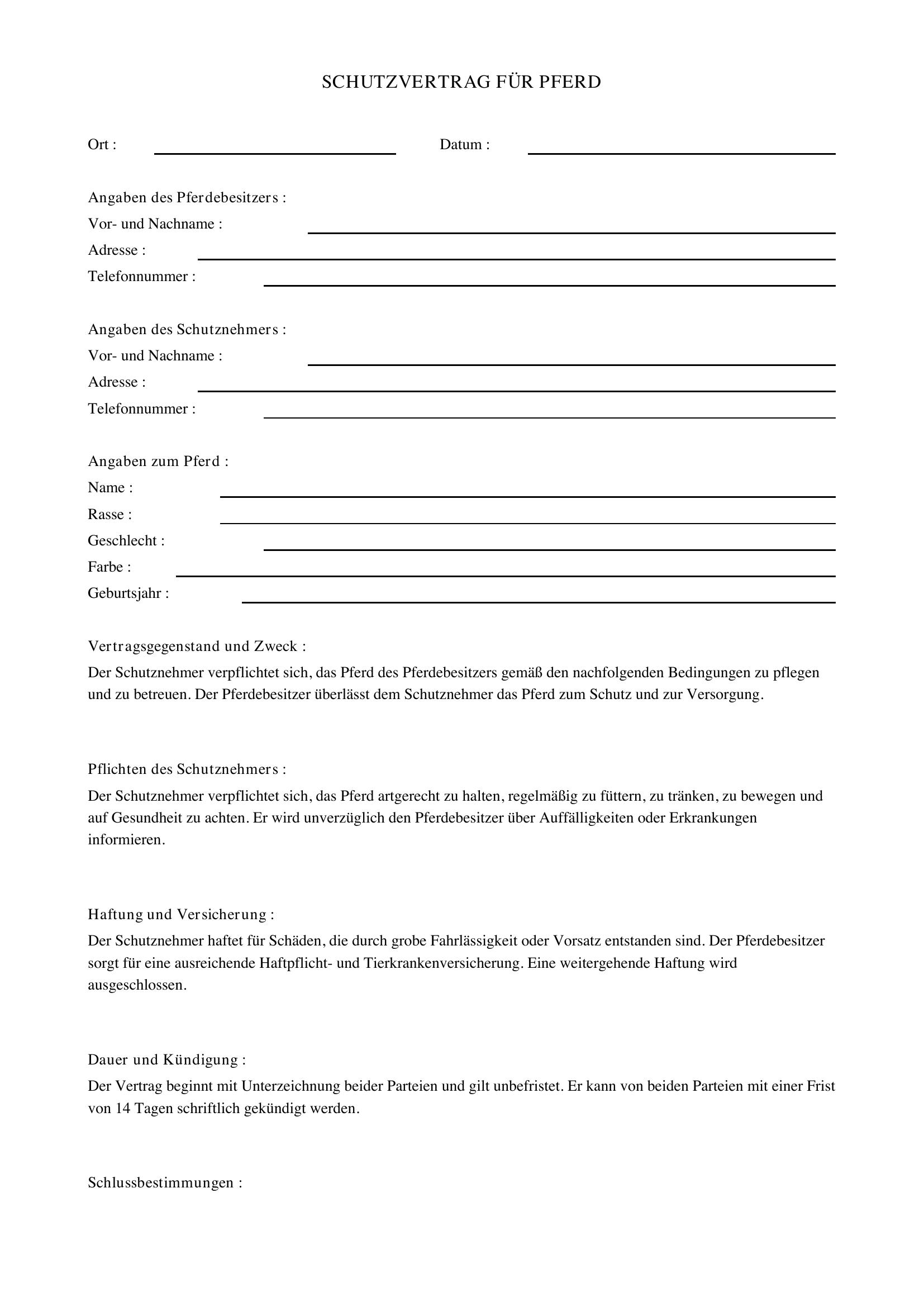 Schutzvertrag Pferd