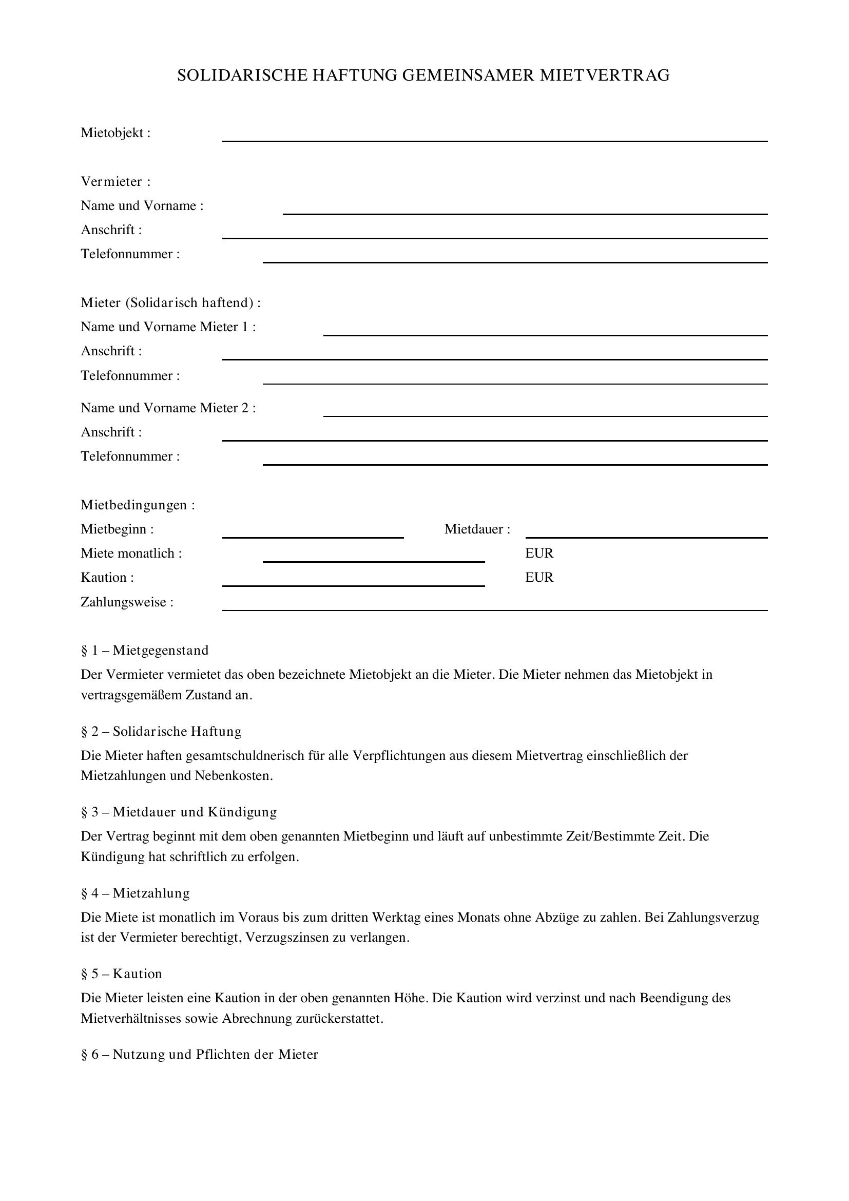 Solidarhaftung Mietvertrag Vorlage