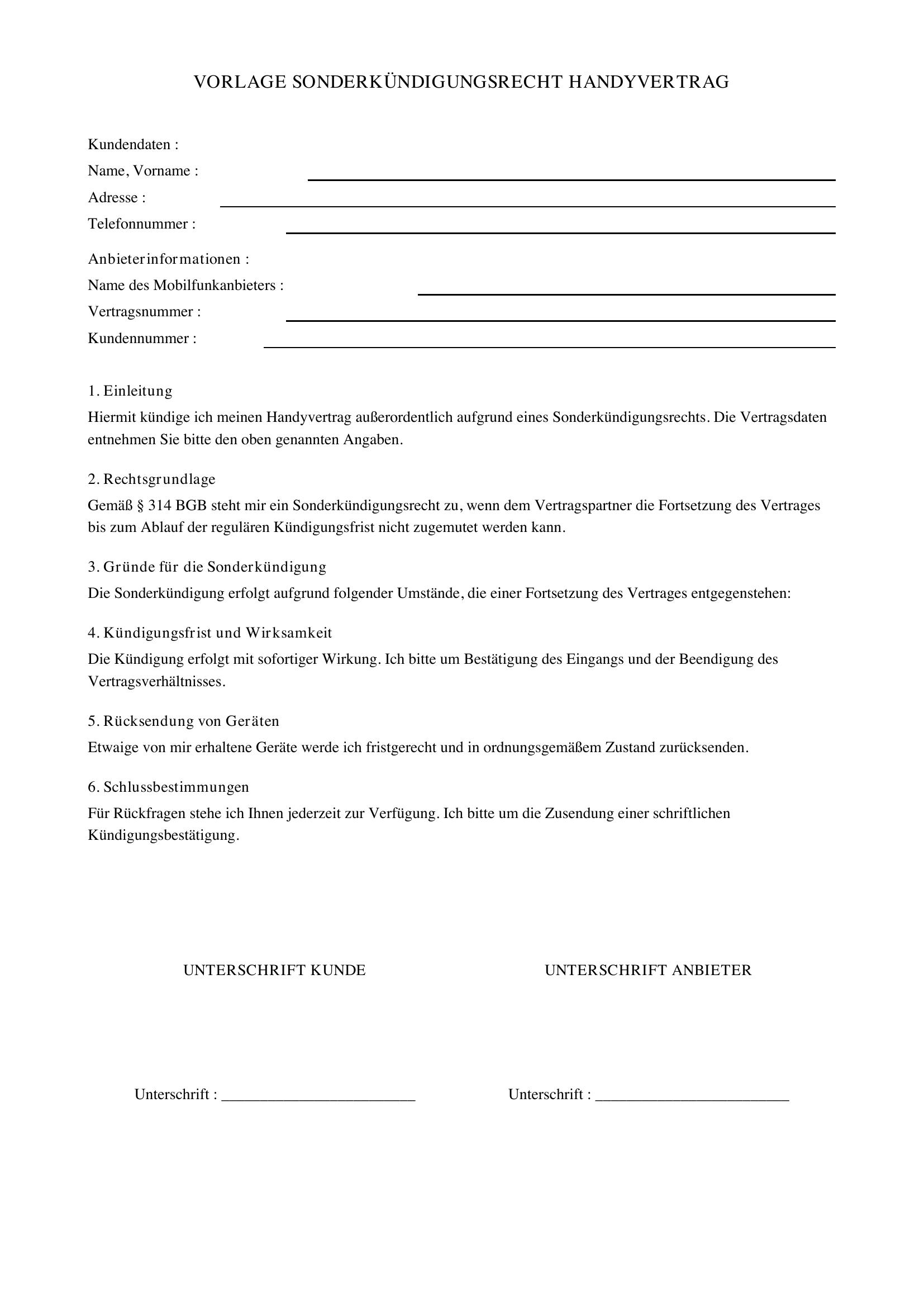 Sonderkündigungsrecht Handyvertrag Vorlage