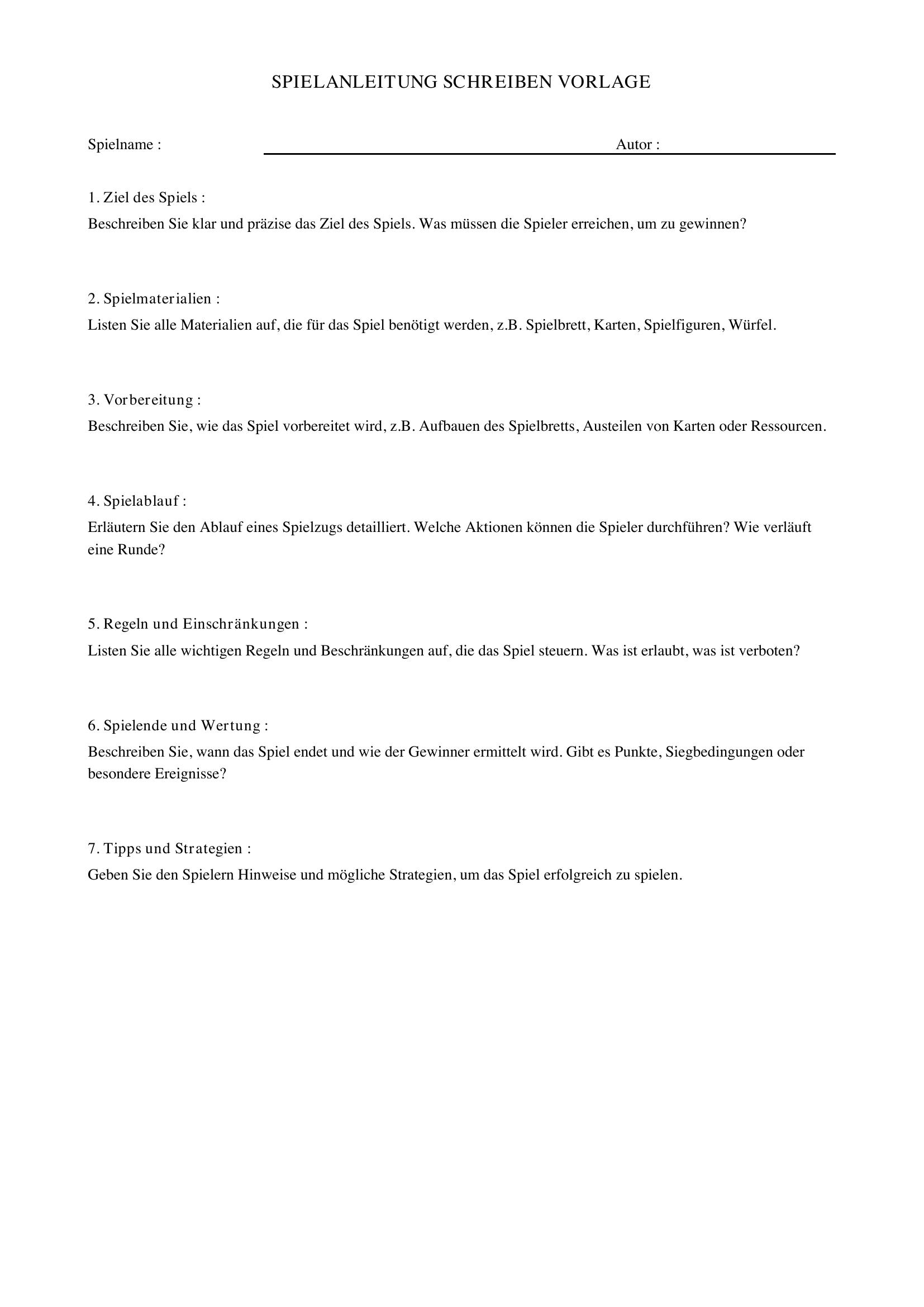 Spielanleitung Schreiben Vorlage