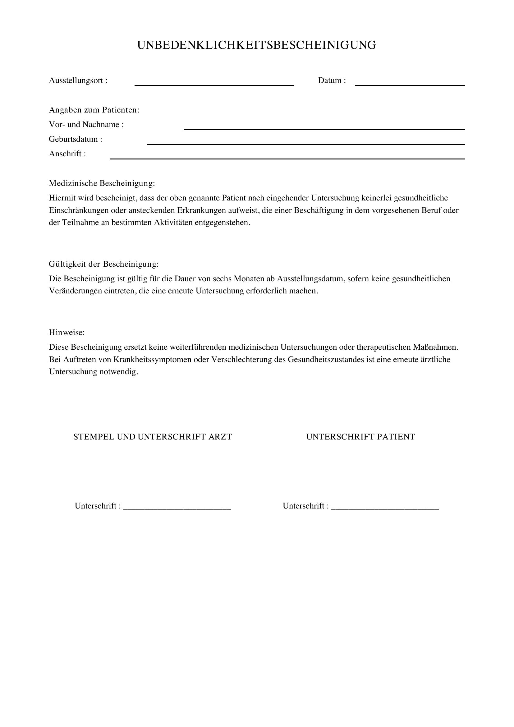 Unbedenklichkeitsbescheinigung Arzt Vordruck