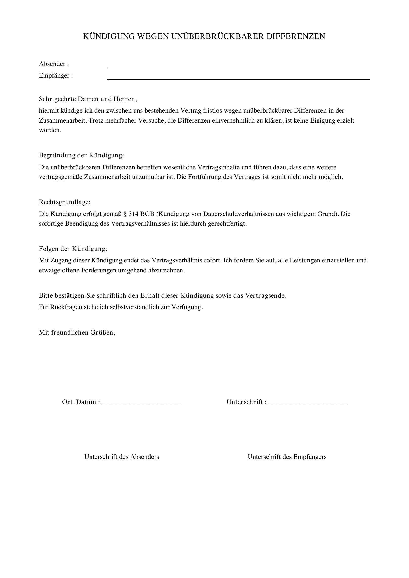 Unüberbrückbare Differenzen Kündigung