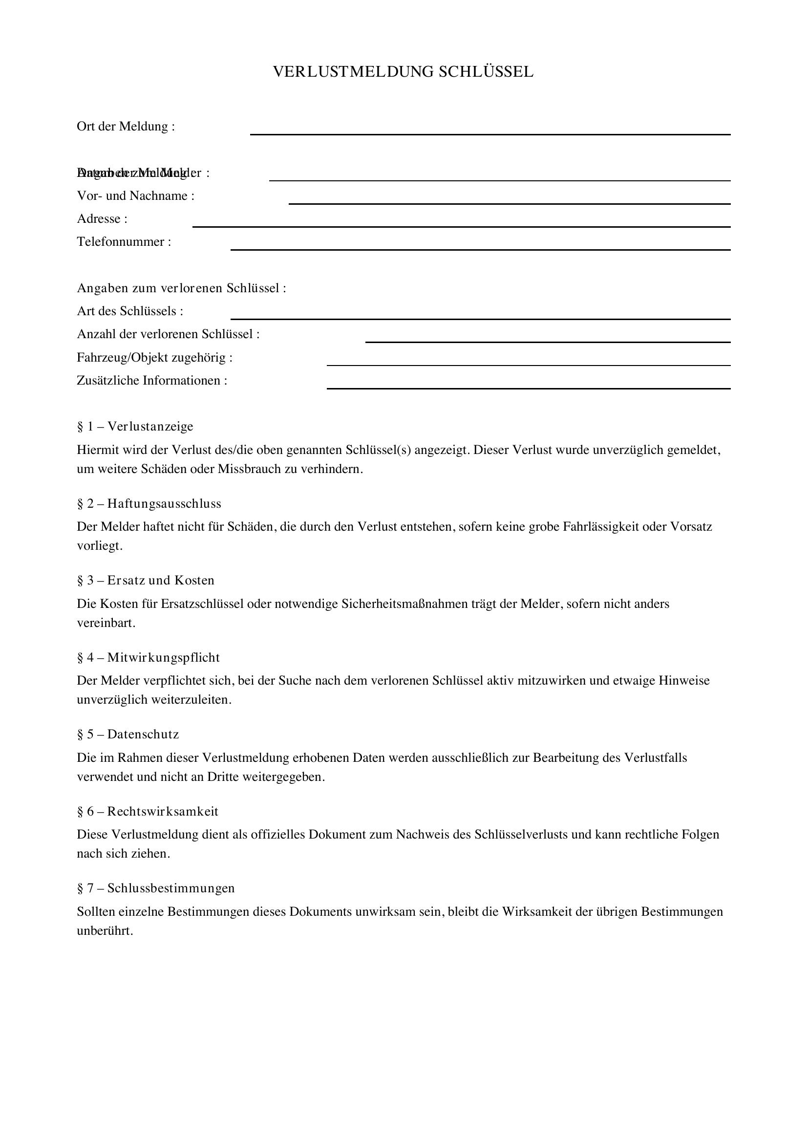 Verlustmeldung Schlüssel Schreiben Muster