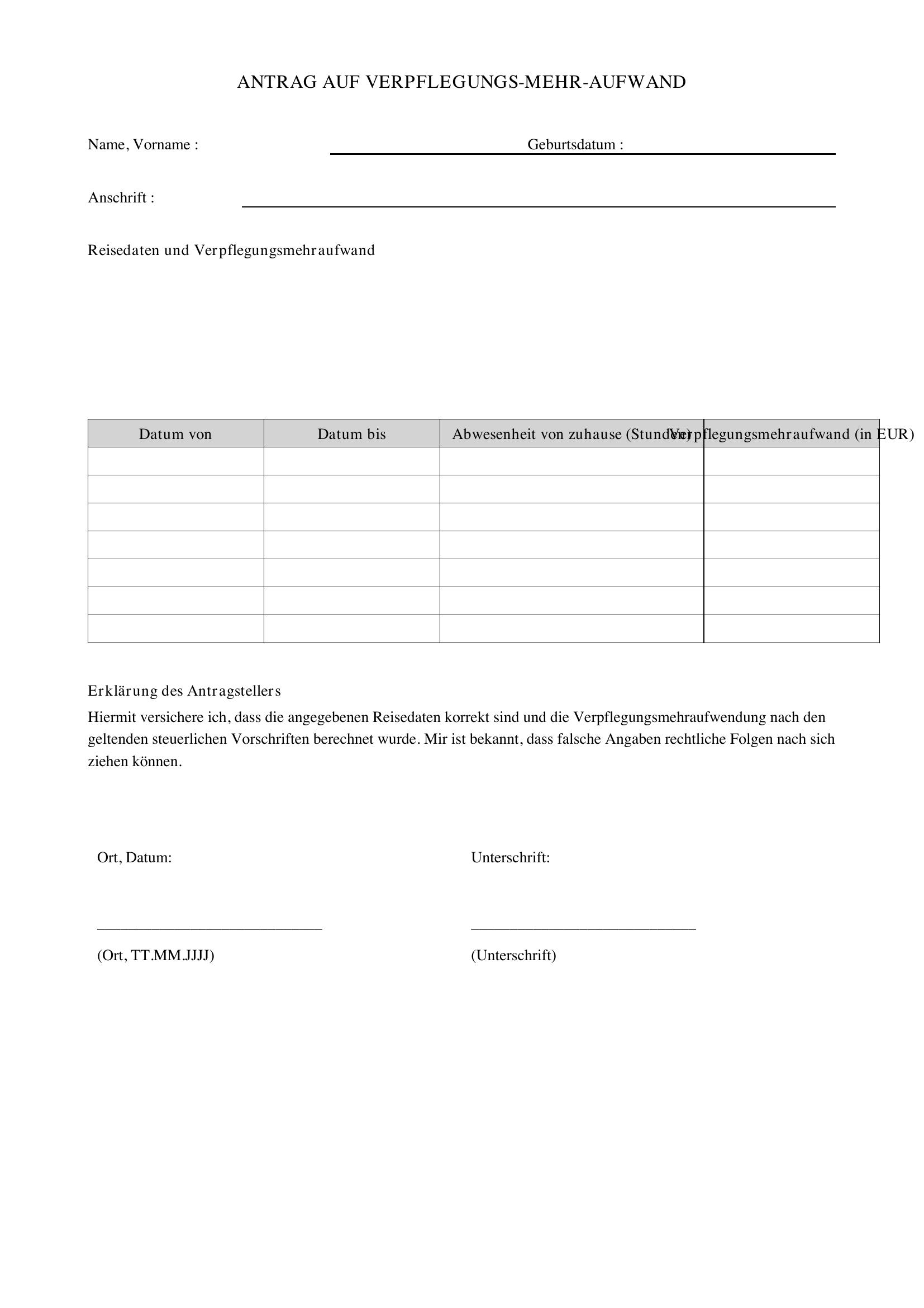 Verpflegungsmehraufwand Vordruck