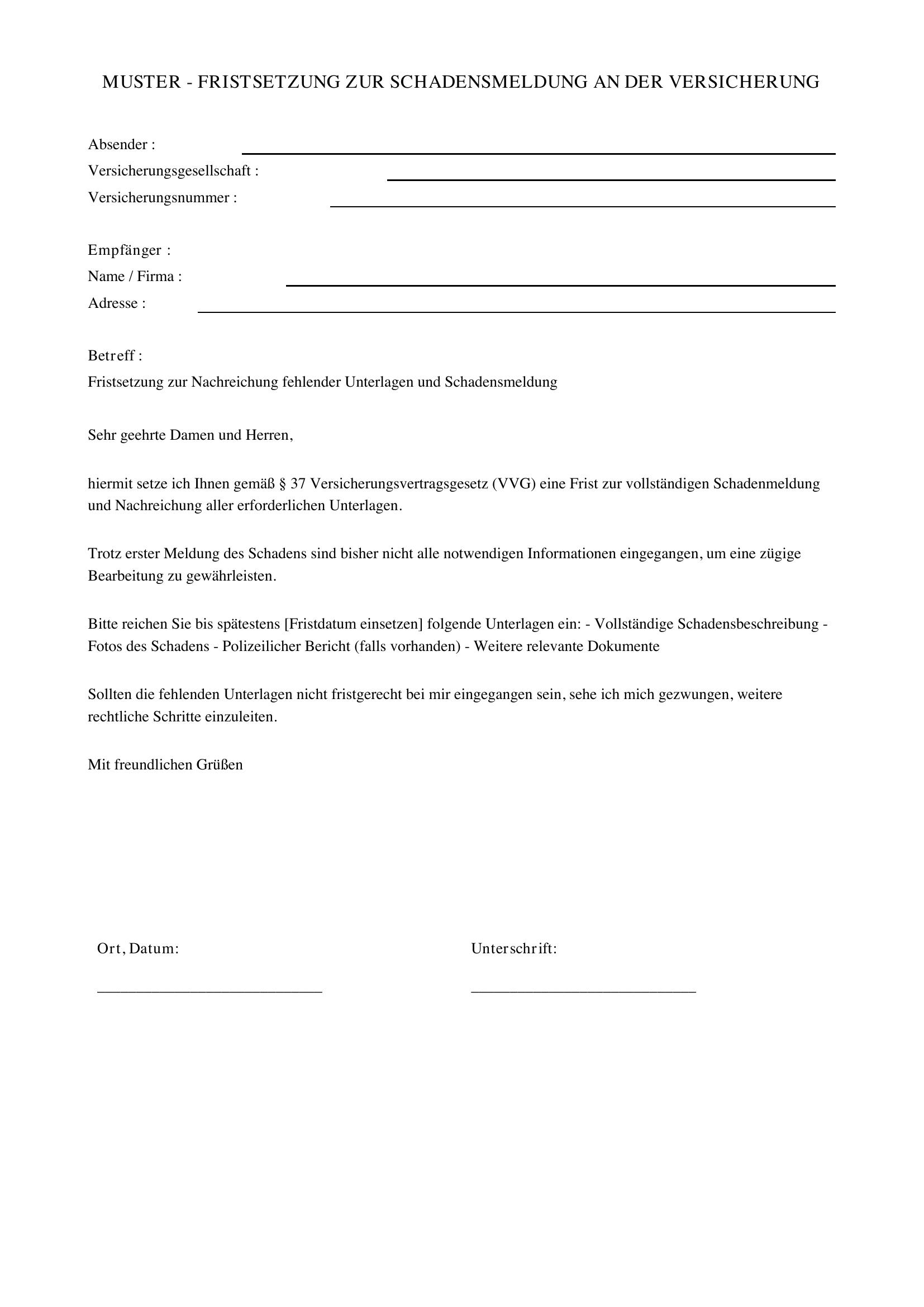 Versicherung Frist Setzen Muster