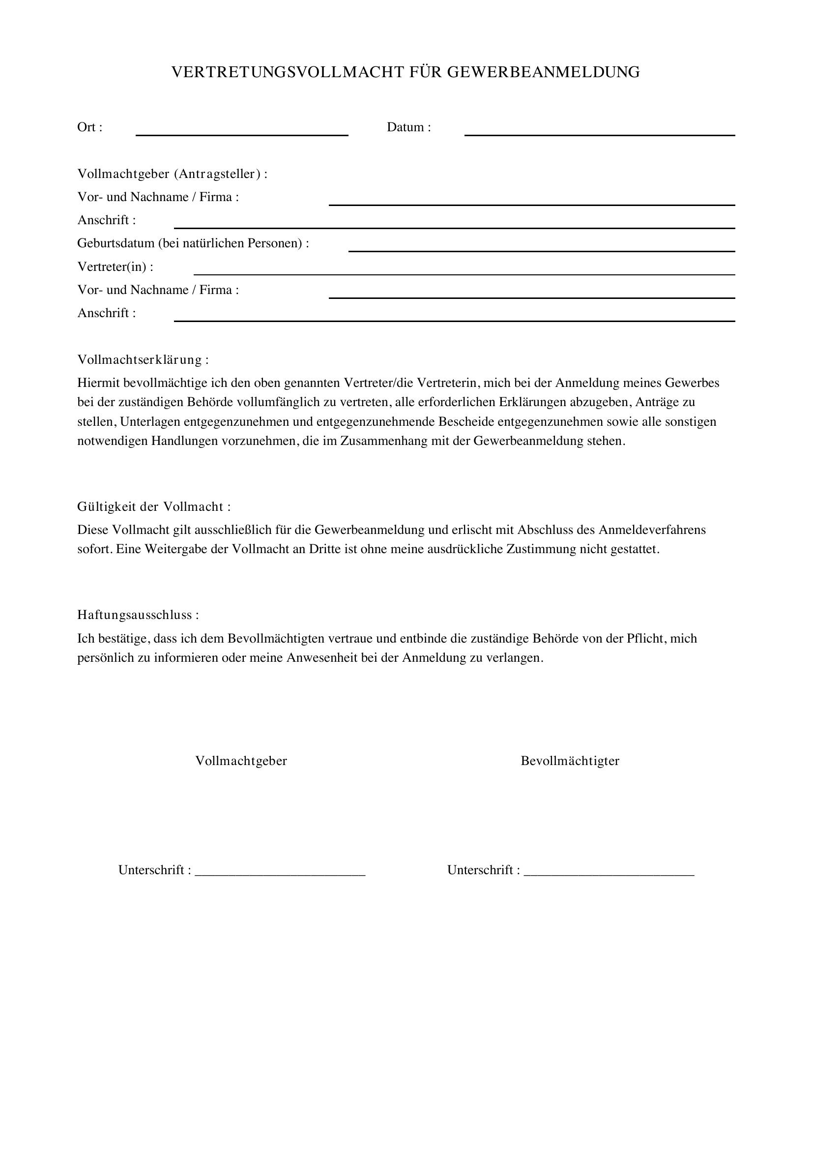 Vertretungsvollmacht Gewerbeanmeldung