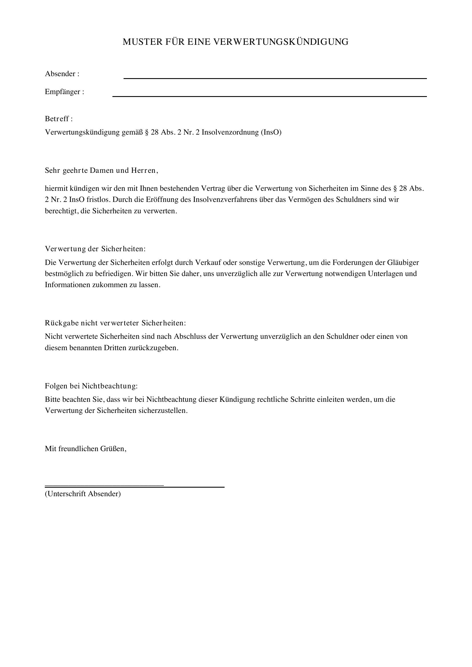 Verwertungskündigung Muster