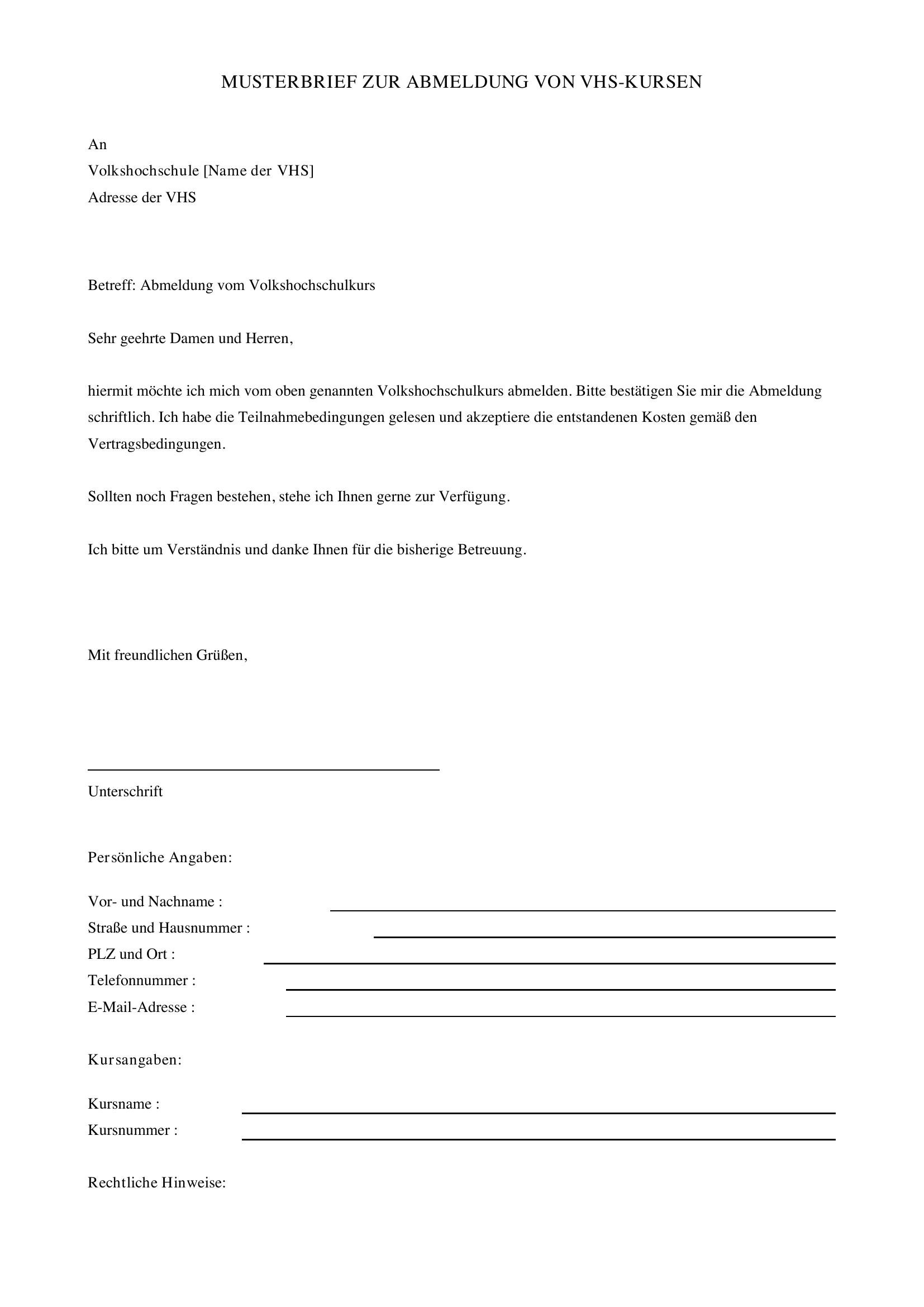 Vhs-Kurs Abmelden Musterbrief