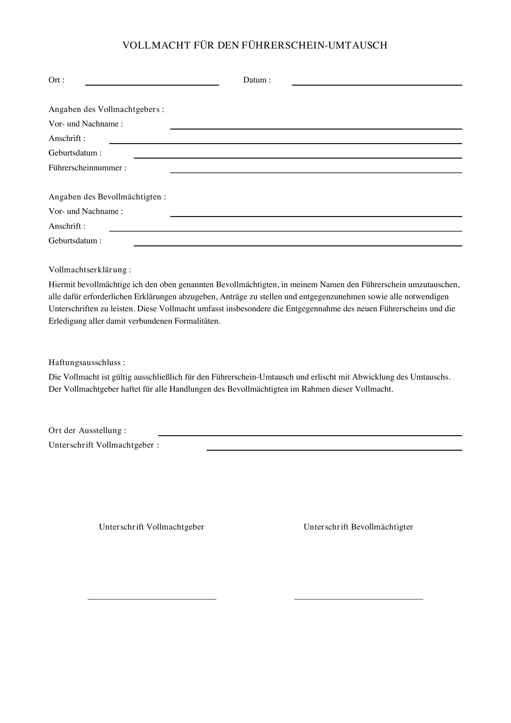 Vollmacht Führerschein Umtausch