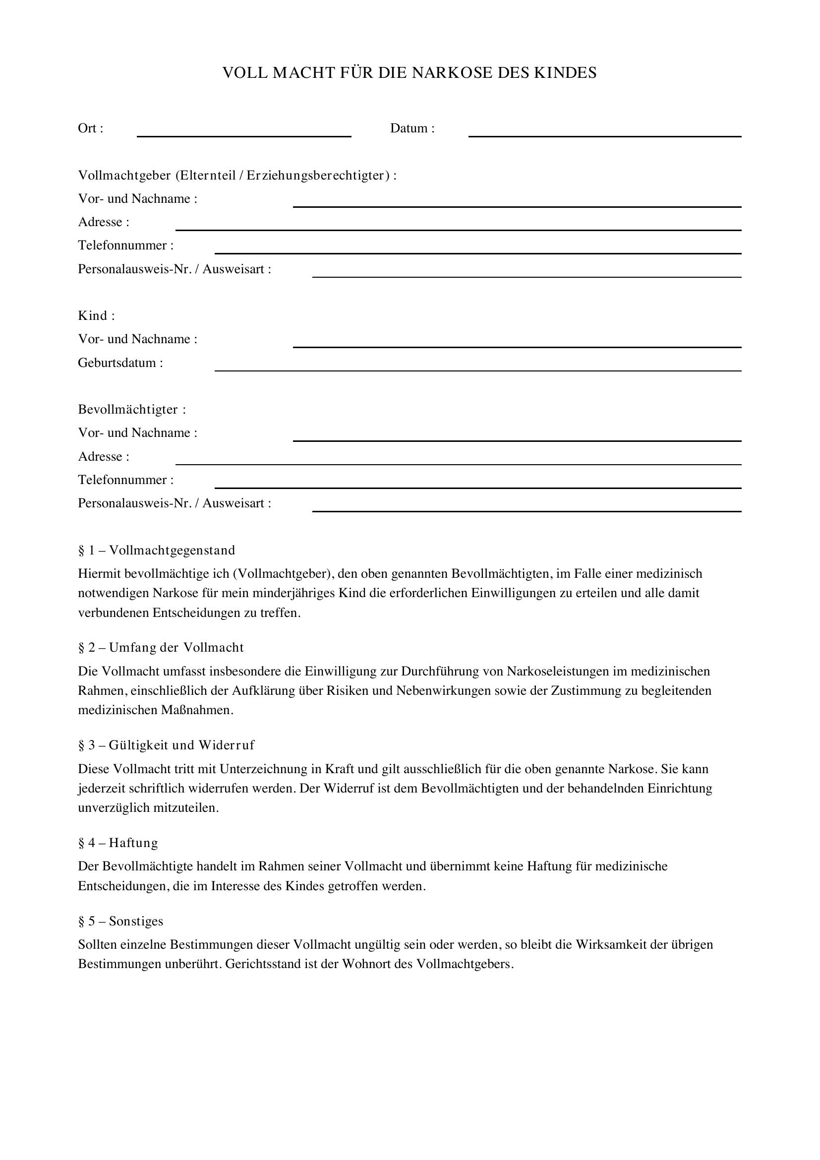 Vollmacht Narkose Kind