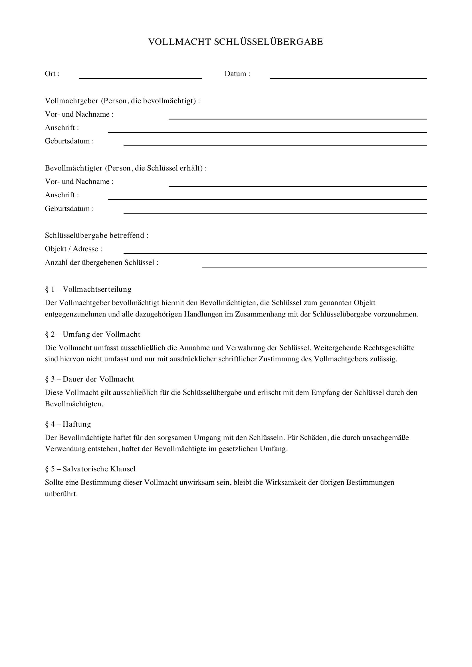 Vollmacht Schlüsselübergabe