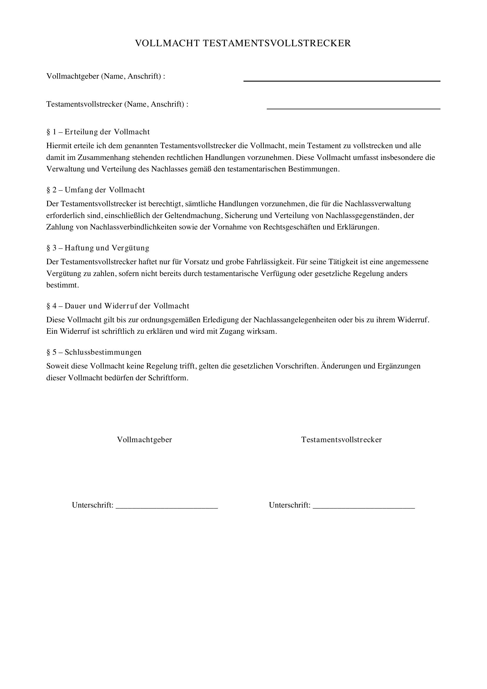 Vollmacht Testamentsvollstrecker Muster