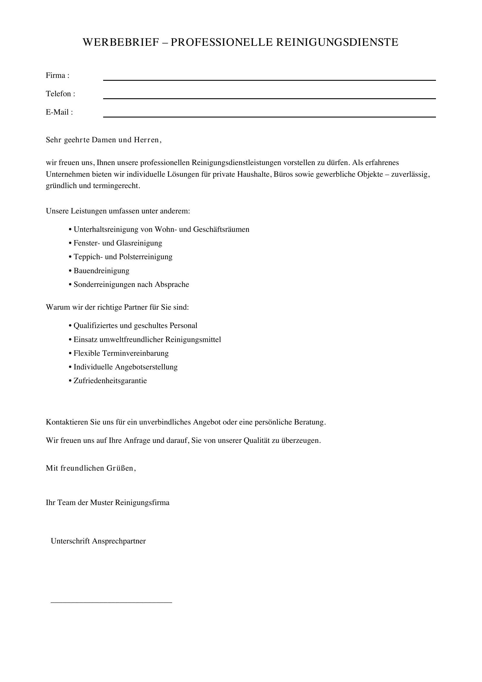 Werbebrief Reinigungsfirma Muster