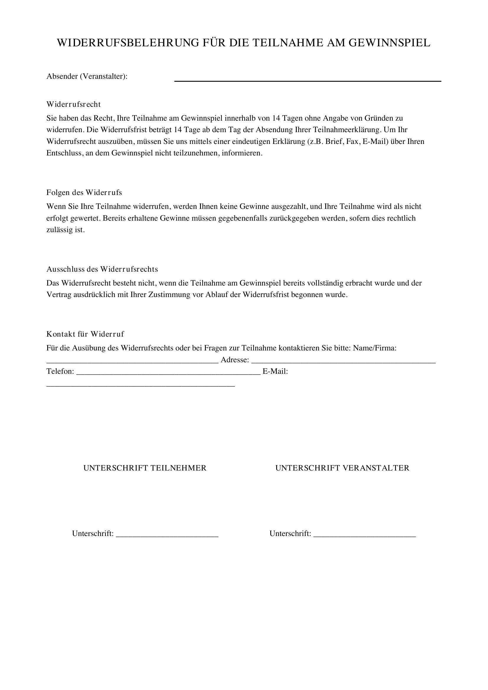 Widerruf Gewinnspiel Muster