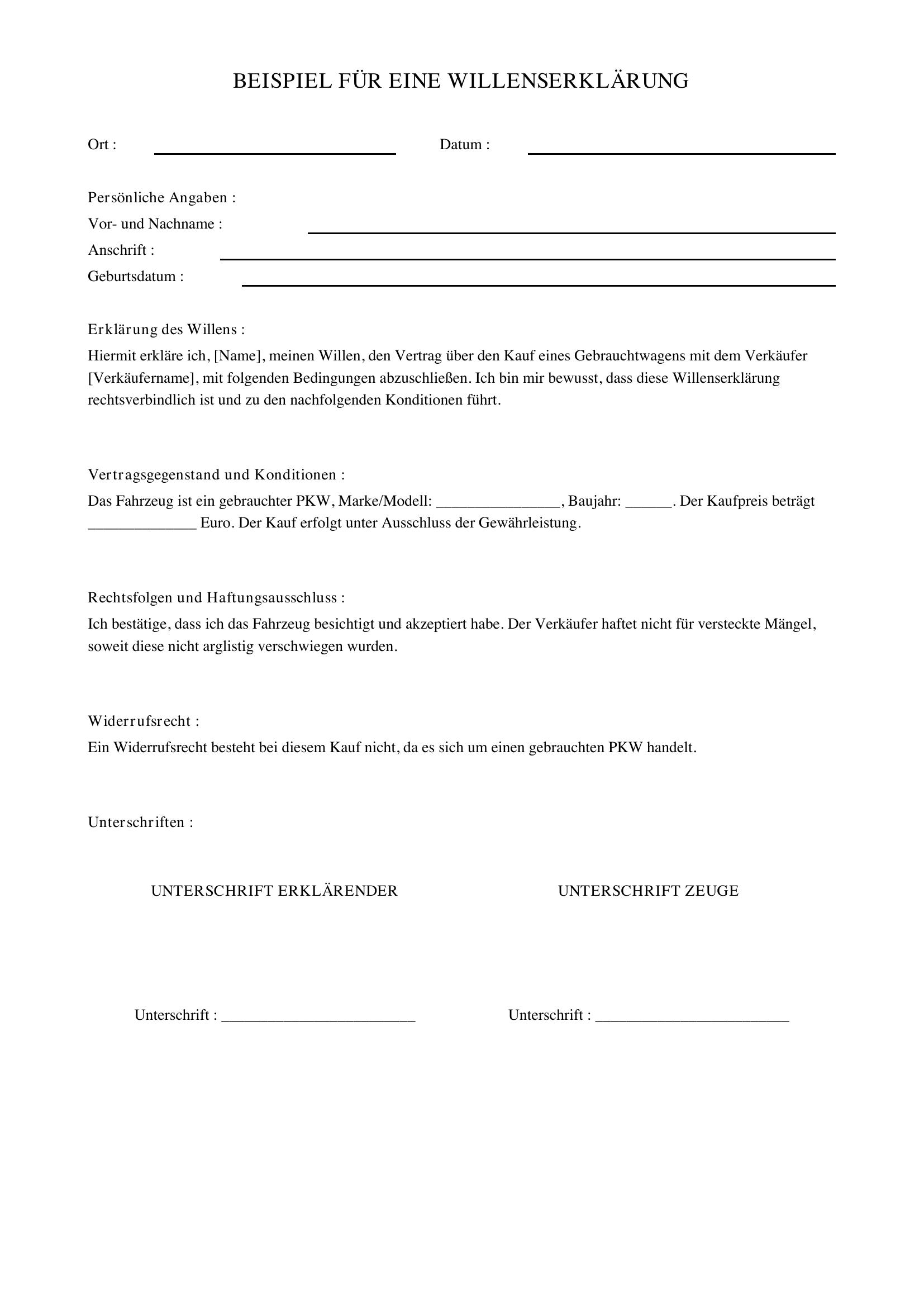 Willenserklärung Beispiele