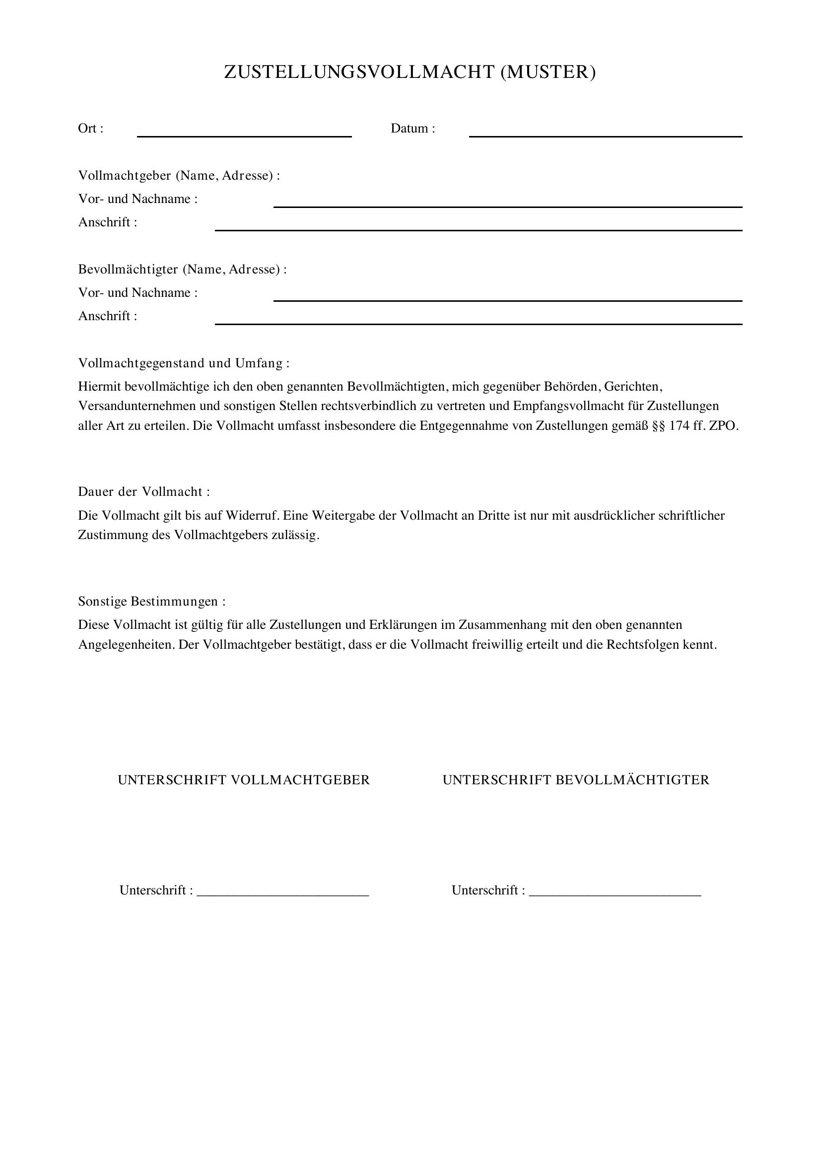 Zustellungsvollmacht Muster