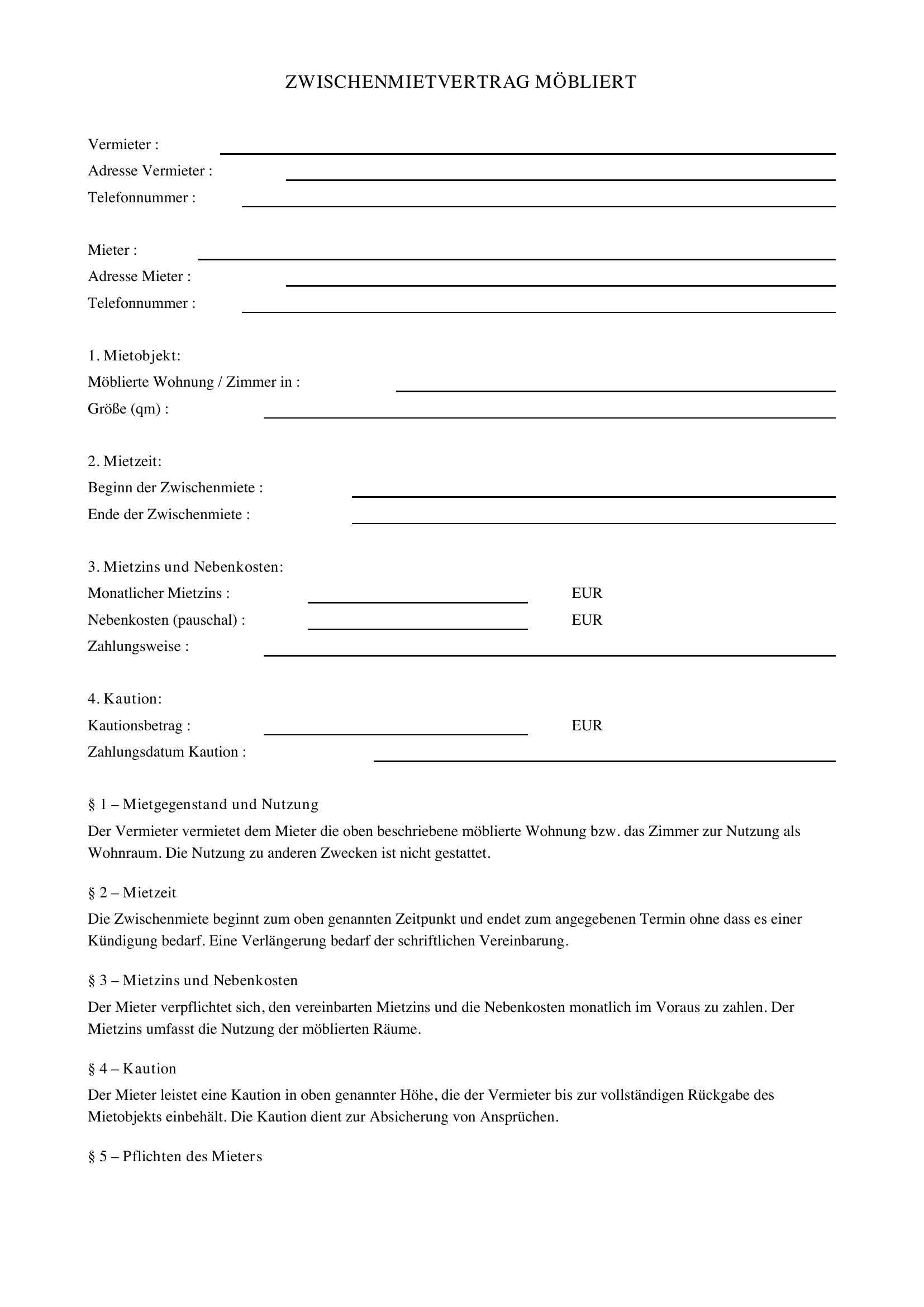 Zwischenmietvertrag Möbliert Vorlage